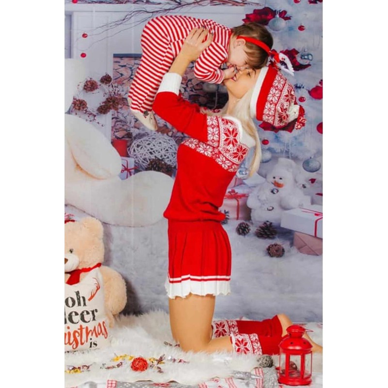 Set dama rochie, caciula si jambiere cu imprimeu de Craciun 2148