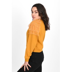 Bluza dama bumbac cu tull si perle 9153-23